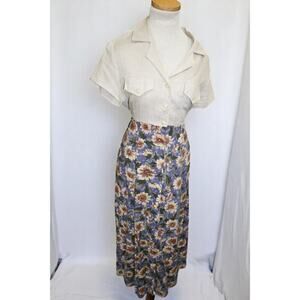 Vintage Frederick’s of Hollywood Linen Look Sunflower Floral Button Front Dress